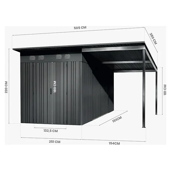 Hoggar Gerätehaus Pioneer Y140 - Außenmaß inkl. Dachüberstand (B x T): 505 x 280 cm, Anthrazit, Stahl, 14,4 m² - Dunkelgraues Metallgerätehaus mit angebautem Carport, inklusive detaillierter Maße.