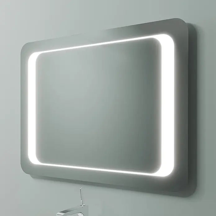 Kiamami Valentina Badmöbel-Set - Weiß - Rechteckiger LED-beleuchteter Badspiegel mit abgerundeten Ecken.