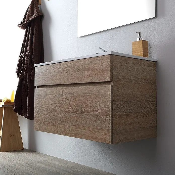 Kiamami Valentina Badmöbel-Set - Helles Holz - Wandhängender Waschtischunterschrank aus hellem Holz mit zwei Schubladen und weißer Platte.