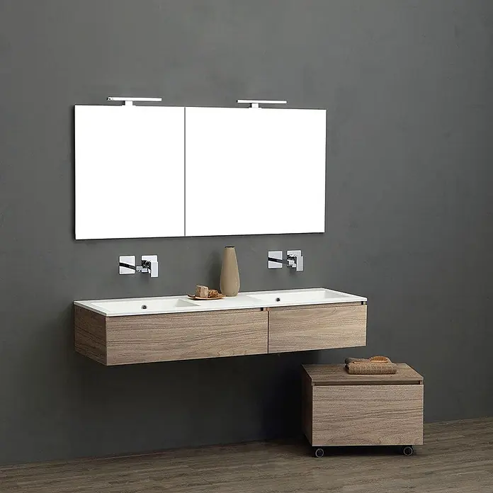 Kiamami Valentina Badmöbel-Set - Helles Holz - Modernes Doppel-Badmöbel in Holzoptik, wandhängend, mit Spiegelschrank und mobilem Stauraum.