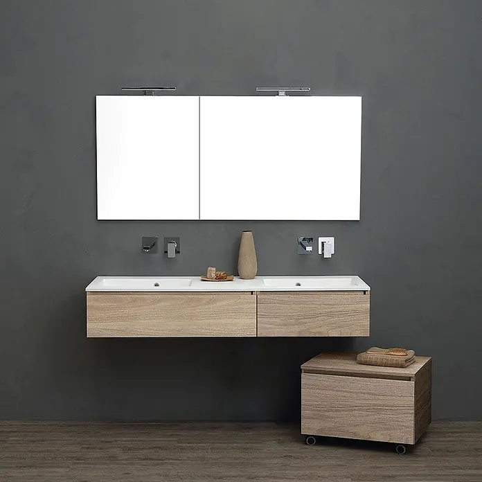 Kiamami Valentina Badmöbel-Set - Helles Holz - Modernes Doppelwaschtisch-Set aus Holz mit weißen Waschbecken, Spiegelschränken und passendem Rollcontainer.