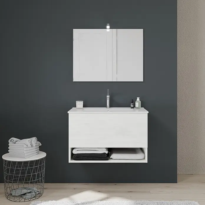 Kiamami Valentina Badmöbel-Set - Weiß - Weißer Badezimmerschrank in Holzoptik mit integriertem Waschbecken und passendem Spiegelschrank.