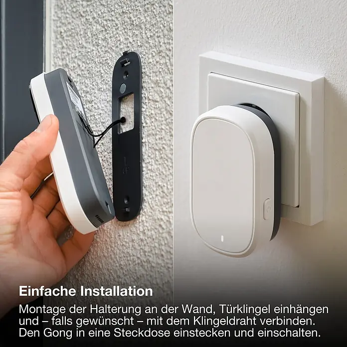 Osram Smart+ Türklingel mit Kamera - Weiß - Weiße/dunkelgraue Türklingel: Außeneinheit wird an Wandhalterung befestigt, Gong in Steckdose eingesteckt.