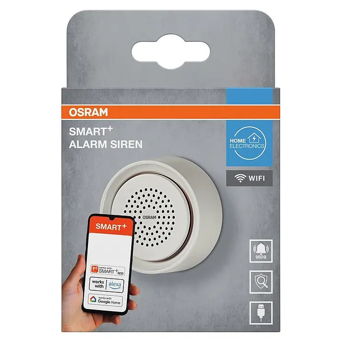 Osram Smart+ Alarmanlage - Weiß - Osram Smart+ Alarm Sirene in Verpackung. Eine Hand hält ein Telefon mit App, zeigt Smart Home-Funktionen.