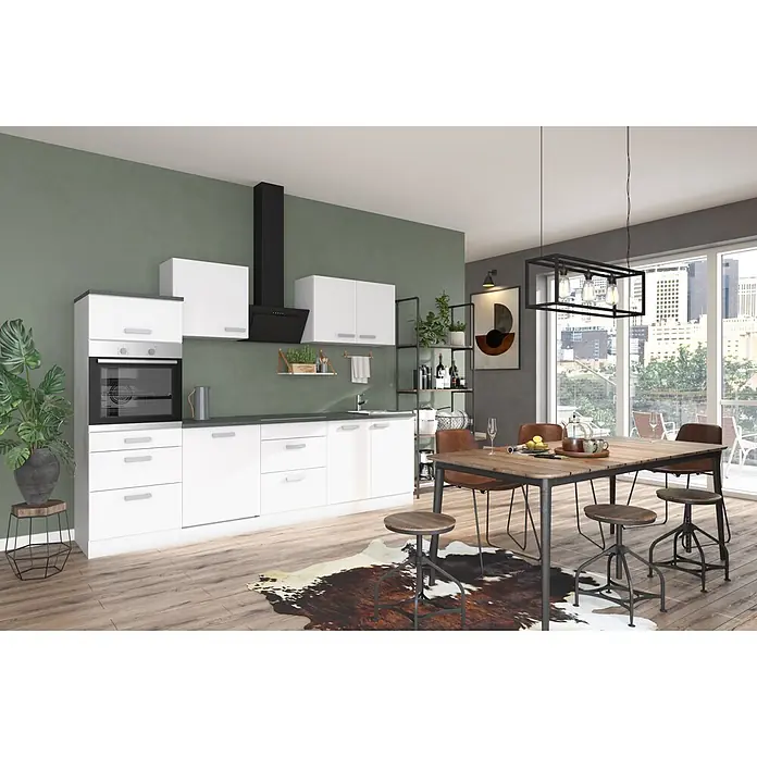 Optifit Küchenleerblock Oslo214 - Breite: 270 cm, Weiß, Ohne Elektrogeräte - Moderne Küche mit weißen Schränken, dunklen Arbeitsplatten und integriertem Ofen, kombiniert mit Holztisch und braunen Lederstühlen.