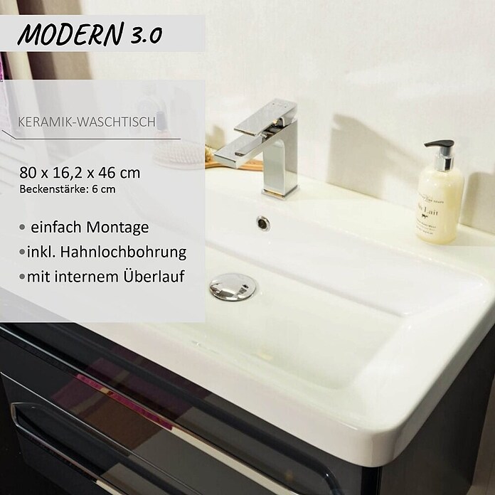 Modern 3.0 Einbauwaschbecken (80 x 46 cm, Keramik, Weiß)