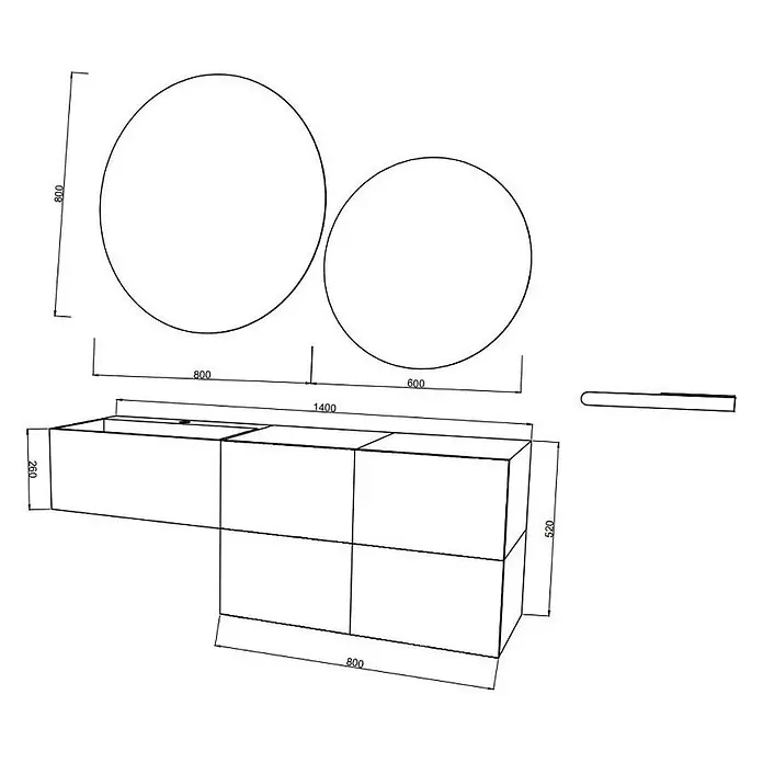 Kiamami Valentina Badmöbel-Set - Holz mittel - Technische Zeichnung einer Doppelwaschbecken-Badmöbelkombination mit zwei runden Spiegeln und Maßen.