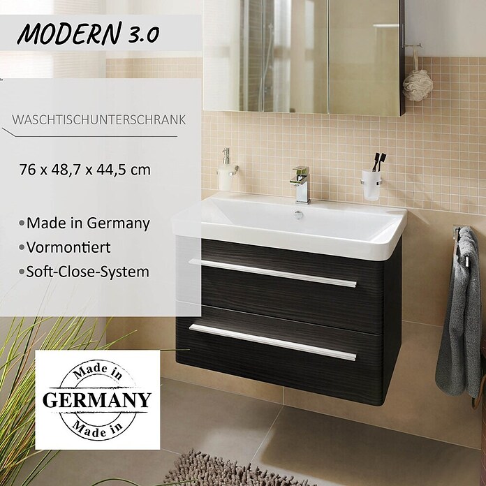 Modern 3.0 Waschtischunterschrank (49 x 76 x 42 cm, 2 Schubkästen, Darkoak, Matt)
