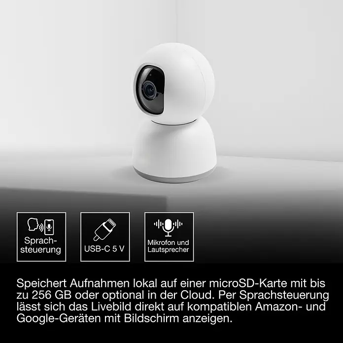 Osram Smart+ Überwachungskamera 360 - Weiß - Weiße Überwachungskamera mit kugelförmigem, drehbarem Kopf und schwarzer Linse.