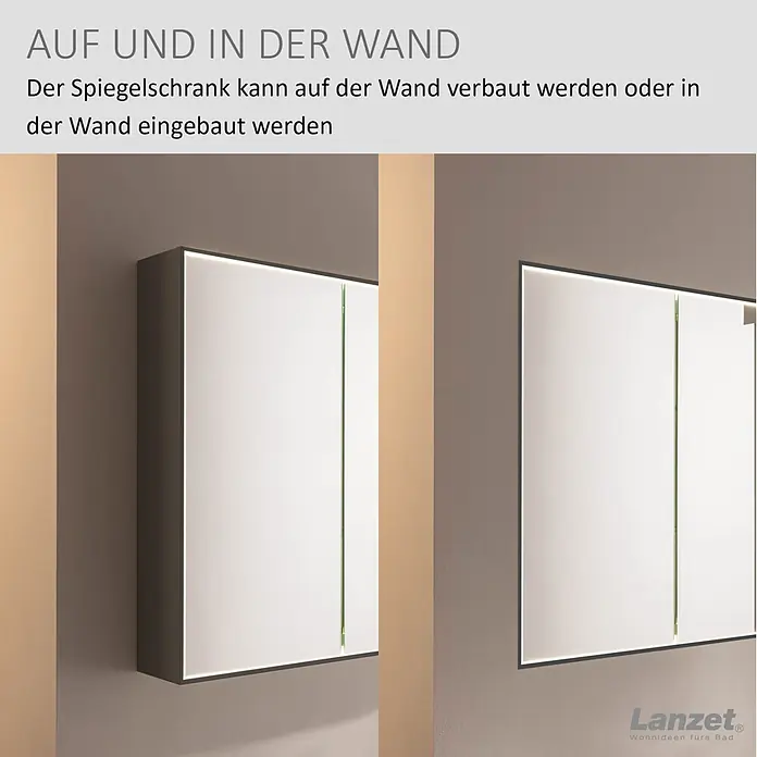 Lanzet Dune LED-Spiegelschrank - B x H: 101,8 x 70,2 cm, Holz, Schwarz - Spiegelschrank mit Beleuchtung, für Auf- oder Unterputzmontage.