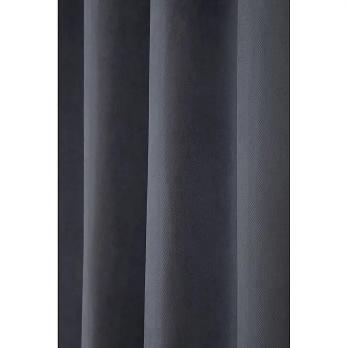 Cortina térmica Cocoon - An x Al: 140 x 260 cm, 100% poliéster, Gris oscuro - Primer plano de cortinas de tela plisadas gris oscuro con textura tejida visible.