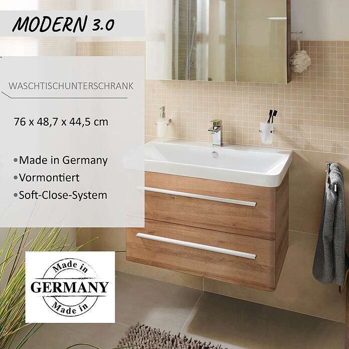 Modern 3.0 Waschtischunterschrank (49 x 76 x 42 cm, 2 Schubkästen, Berg Eiche, Matt)