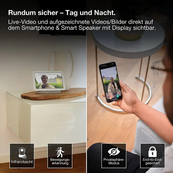 Osram Smart+ Türklingel mit Kamera - Weiß - Ein smartes Überwachungssystem zeigt Live-Video auf Smart Display & Smartphone; Funktionen wie Infrarotsicht, Bewegungserkennung und Ende-zu-Ende-Verschlüsselung werden hervorgehoben.
