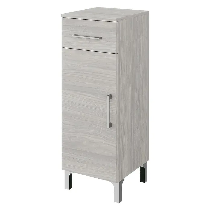 Kiamami Valentina Badmöbel-Set - Grau - Hellgrauer Hochschrank in Holzoptik mit einer Schublade, einer Tür, silbernen Griffen und Metallfüßen.
