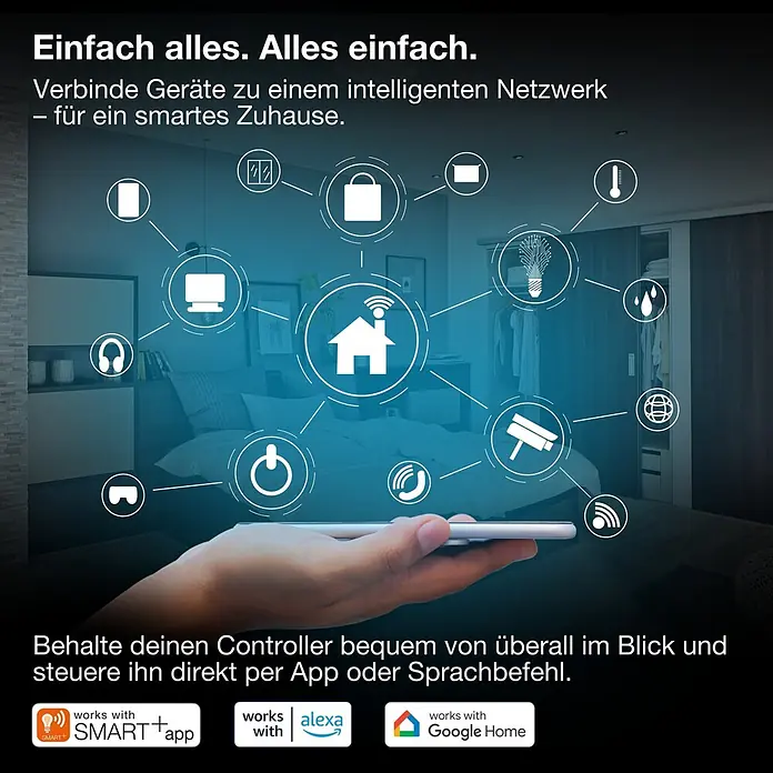 Osram Smart+ Bodenfeuchtesensor - Grün - Hand hält Smartphone zur Steuerung eines Smart Home Netzwerks mit Geräte-Icons. Kompatibel mit SMART+, Alexa und Google Home per App/Sprachbefehl.