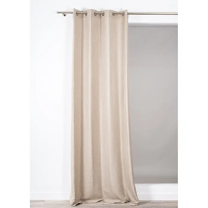 Cortina con ollaos Alan - An x Al: 140 x 260 cm, Gris, Textil - Cortina beige con ojales, tejido texturizado, colgada de una barra plateada.