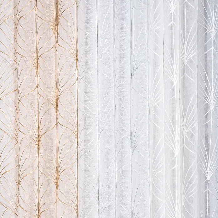 Visillo para ventana bordado Baker - An x Al: 140 x 260 cm, 100% poliéster, Blanco - Cortinas traslúcidas de tela transparente con patrones de hojas doradas y plateadas.