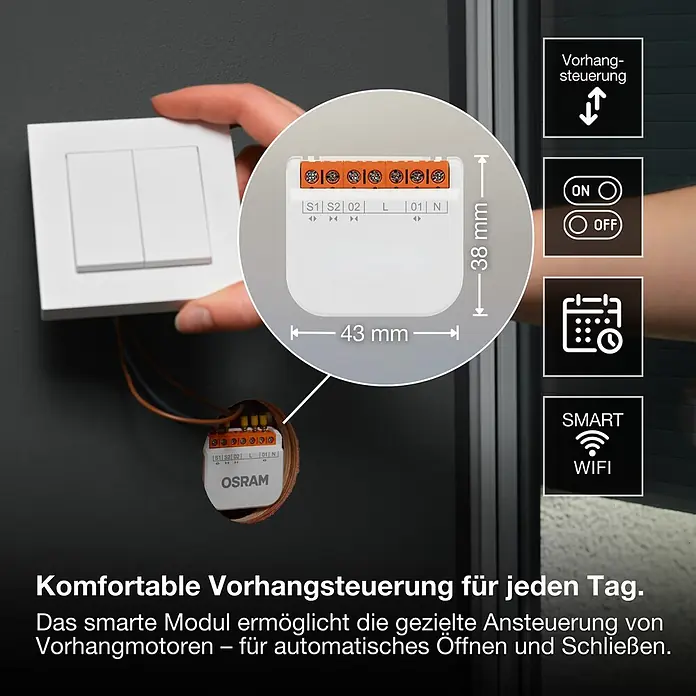 Osram Smart+ Schalter Vorhang - Weiß, Innen - Kleines weißes Osram Smart Modul (43x38mm) für automatische Vorhangsteuerung, hinter einem Wandschalter installiert.