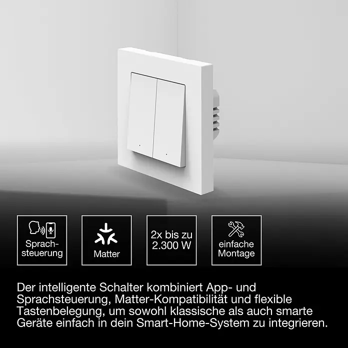 Osram Smart+ Schalter 2G matter - Weiß, Innen - Weißer smarter Wandschalter mit zwei Tasten für App- und Sprachsteuerung sowie Smart-Home-Integration.