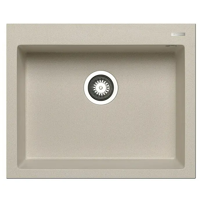 Pyramis Einbauspüle Istros - B x L: 61 x 50 cm, Beige - Das Bild zeigt eine moderne Spüle in einem hellen Beigeton mit einem runden Abfluss in der Mitte und einem unauffälligen Logo in der Ecke.