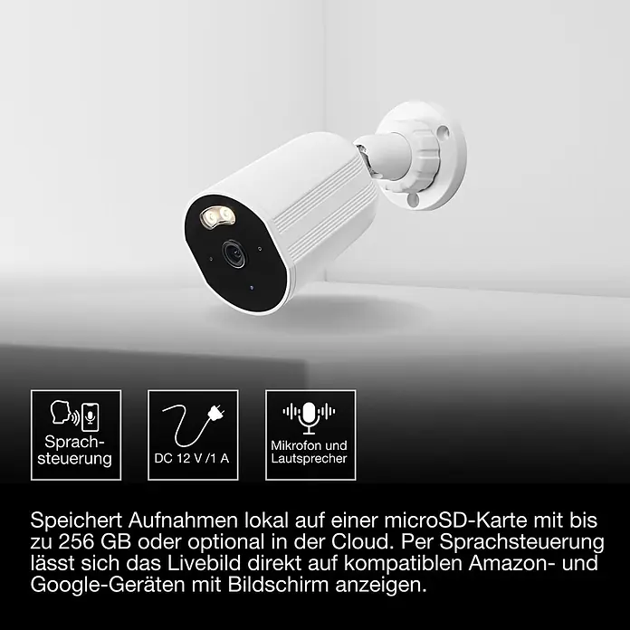 Osram Smart+ Überwachungskamera Outdoor Fixed - Weiß - Eine weiße zylindrische Überwachungskamera mit zwei Frontlichtern und einem Objektiv, an einer Wand montiert.