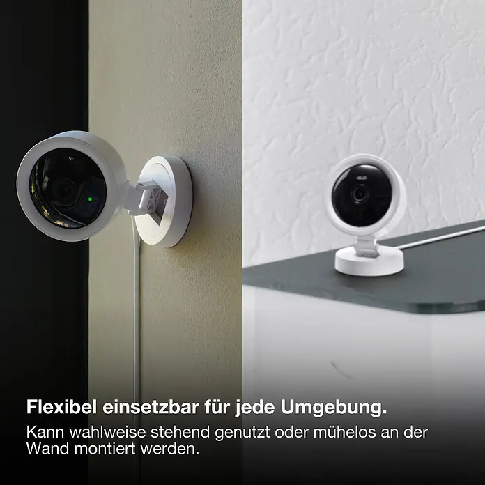 Osram Smart+ Überwachungskamera Fixed - Weiß - Eine weiße Überwachungskamera, an einer Wand montiert und freistehend auf einem Regal, zeigt flexible Platzierungsmöglichkeiten.