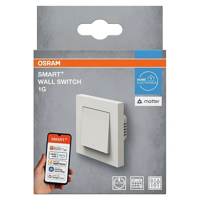 Osram Smart+ Schalter Unterputz Wandschalter 1G matter - Weiß, Innen - Weißer OSRAM SMART+ 1G Smart-Wandschalter in Verkaufsverpackung, mit App-Steuerung und Smart-Home-Integrationen.