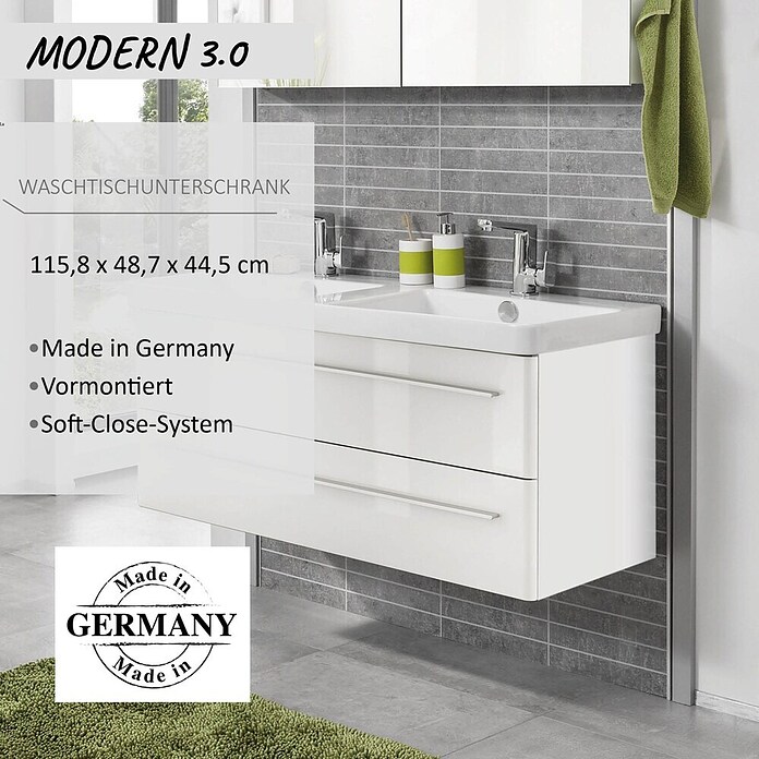 Modern 3.0 Waschtischunterschrank (49 x 116 x 42 cm, 2 Schubkästen, Weiß, Hochglanz)