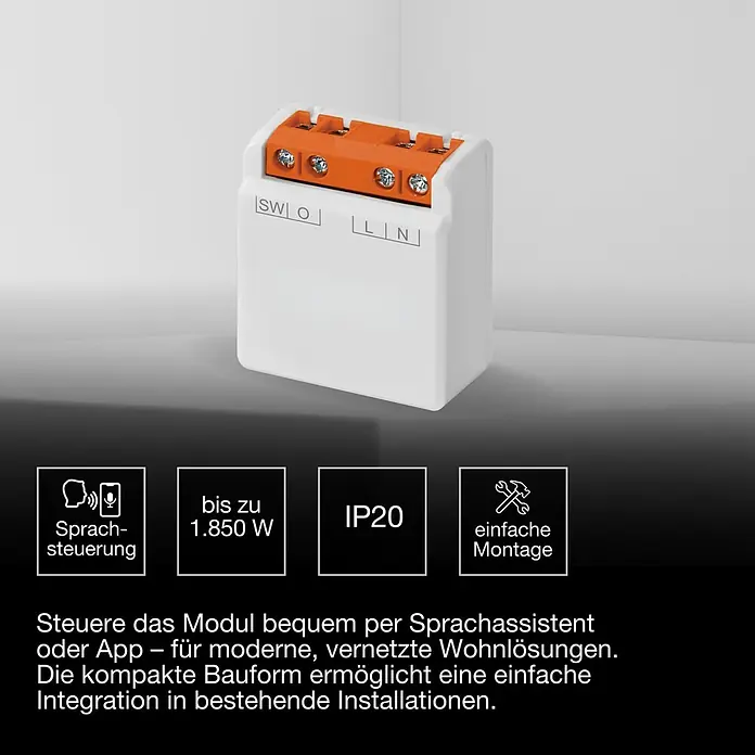 Osram Smart+ Schalter 1CH - Weiß, Innen - Weißes Smart-Relaismodul mit orangefarbenen Schraubklemmen zur integrierten Smart-Home-Steuerung.