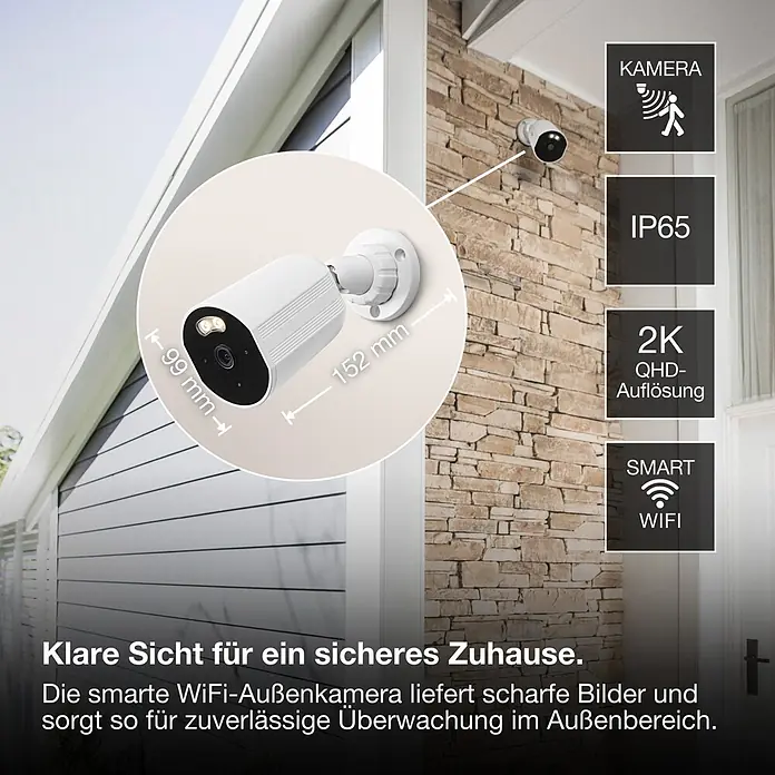 Osram Smart+ Überwachungskamera Outdoor Fixed - Weiß - Eine weiße smarte WLAN-Außenkamera ist an einer Steinwand montiert und bietet zuverlässige Überwachung mit 2K QHD Auflösung und IP65.
