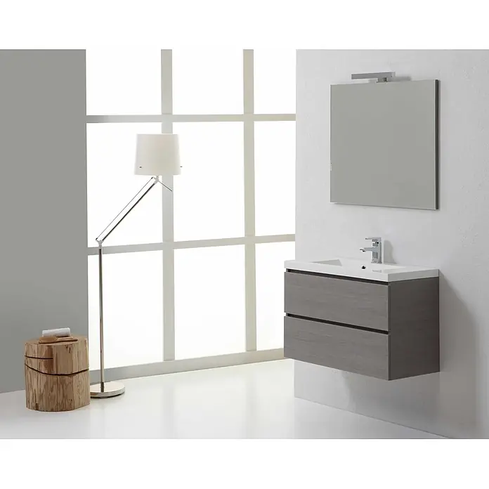 Kiamami Valentina Badmöbel-Set - Grau - Modernes, wandmontiertes Badezimmer-Waschtischset aus grauem Holz mit weißem Waschbecken und Spiegel mit Leuchte.