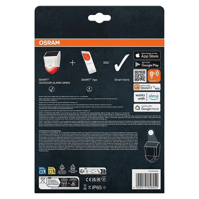 Osram Smart+ Alarmanlage - Weiß - Weiße OSRAM SMART+ Außenalarmsirene mit rotem Licht und Solarpanel, zeigt Smart Home und App-Steuerung an.
