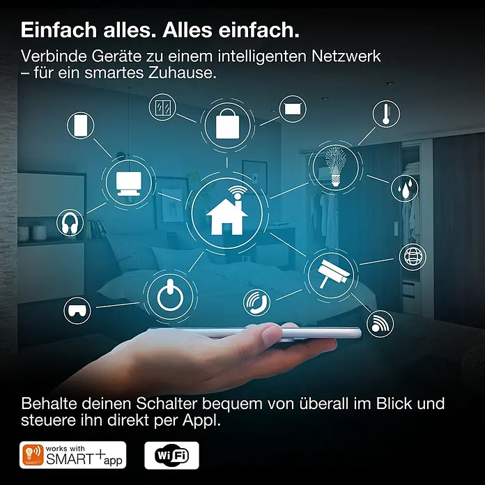 Osram Smart+ Schalter magnetischer Wandschalter 1G matter - Weiß, Innen - Smartphone-App zur Steuerung eines Smart Home-Netzwerks. Icons zeigen vernetzte Geräte zur Hauskontrolle.