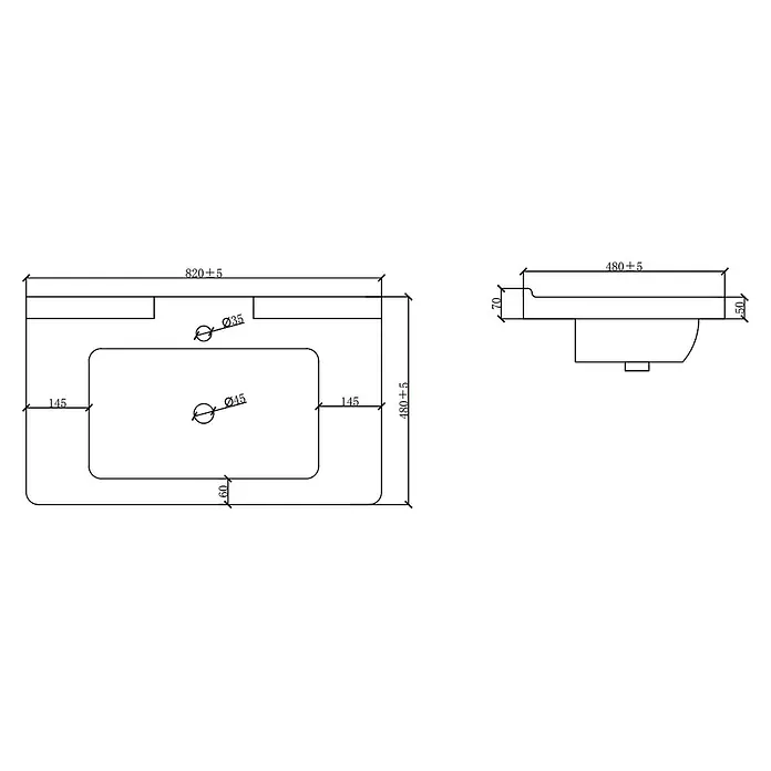 Kiamami Valentina Badmöbel-Set - Grau - Technische Zeichnung eines rechteckigen Waschtischs mit integriertem Waschbecken, Maße 820x480mm, mit Hahn- (Ø35) und Abflussloch (Ø45).