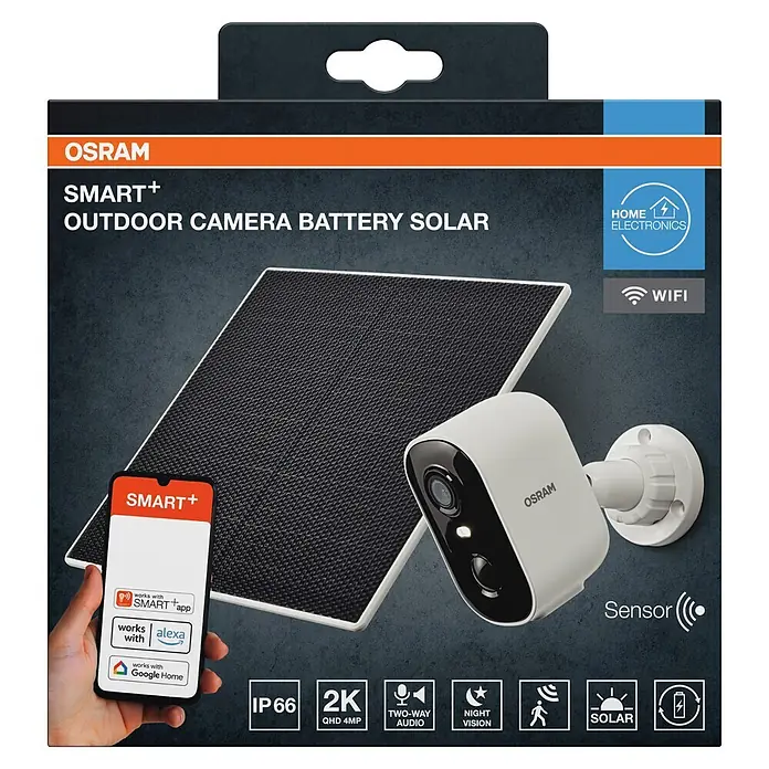 Osram Smart+ Überwachungskamera Battery Solar - Weiß - Osram Smart+ Outdoor-Kamera mit Solarpanel, Akku und Smartphone mit der Smart+ App. Merkmale: 2K, IP66, WLAN, Zwei-Wege-Audio, Nachtsicht, Sensor.