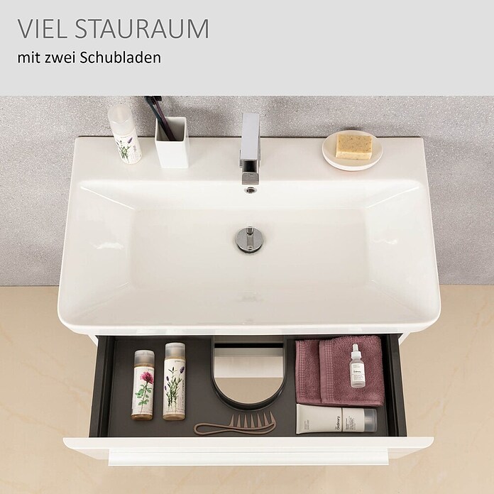 Modern 3.0 Waschtischunterschrank (49 x 56 x 42 cm, 2 Schubkästen, Weiß, Hochglanz)
