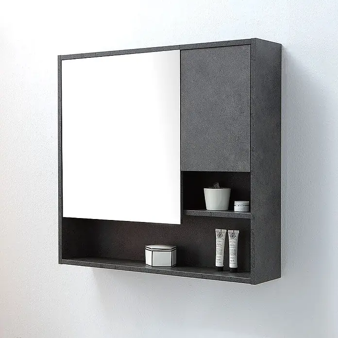 Kiamami Valentina Badmöbel-Set - Grau - Anthrazitfarbener wandmontierter Badezimmerschrank mit Spiegeltür und offenen Regalen, strukturierte Oberfläche.