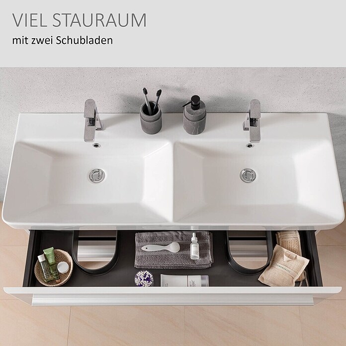Modern 3.0 Waschtischunterschrank (49 x 116 x 42 cm, 2 Schubkästen, Weiß, Hochglanz)