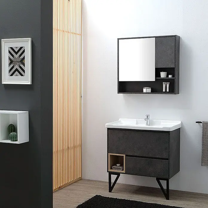 Kiamami Valentina Badmöbel-Set - Grau - Moderner dunkelgrauer Badunterschrank mit weißem Waschbecken, Schubladen, offenem Holzregal und schwarzen Beinen. Dazu passender Spiegelschrank.