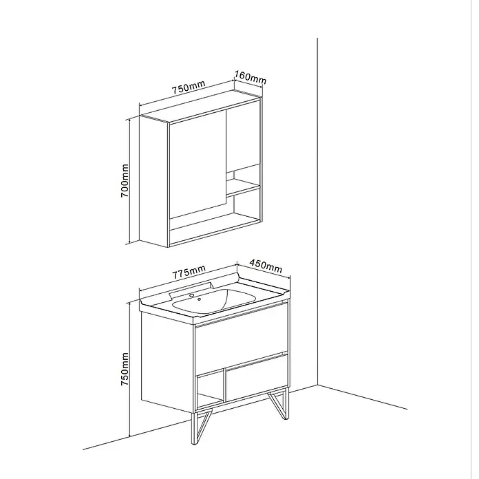 Kiamami Valentina Badmöbel-Set - Grau - Linienzeichnung eines Badmöbel-Sets: Waschtisch mit Waschbecken und Wandschrank, mit Maßen.