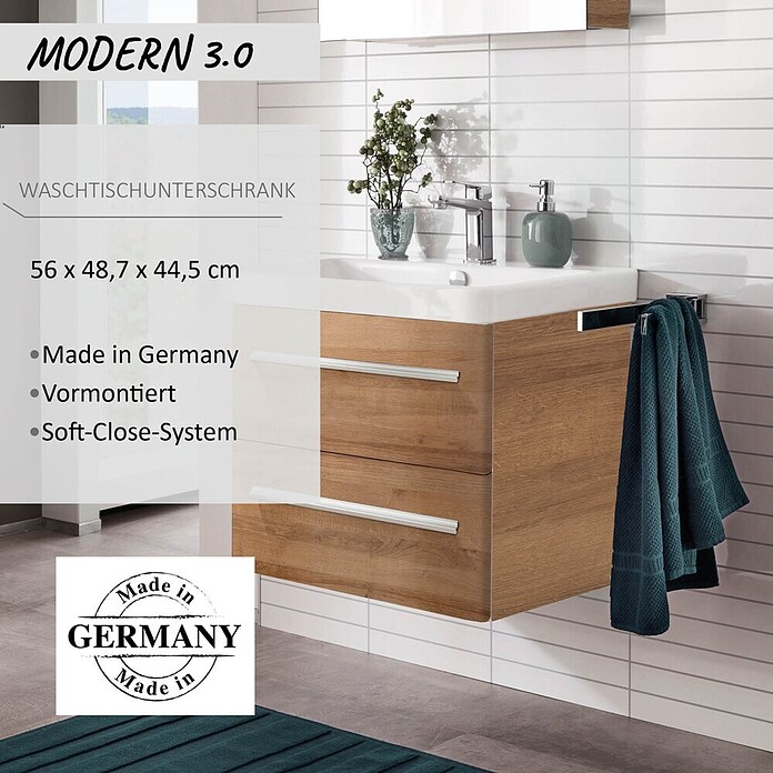 Modern 3.0 Waschtischunterschrank (49 x 56 x 42 cm, 2 Schubkästen, Berg Eiche, Matt)