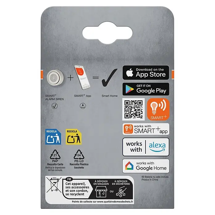 Osram Smart+ Alarmanlage - Weiß - Graue Verpackung für eine Smart+ Alarmsirene, mit App-, Alexa- und Google Home-Kompatibilität sowie Recyclinginformationen.