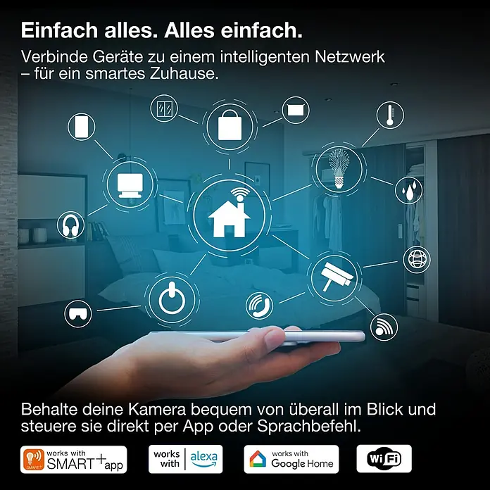 Osram Smart+ Überwachungskamera Outdoor 360 - Weiß - Eine Hand hält ein Smartphone, das ein Smart-Home-System mit vernetzten Geräten wie Kameras und Lichtern zeigt, steuerbar per App oder Sprachbefehl.