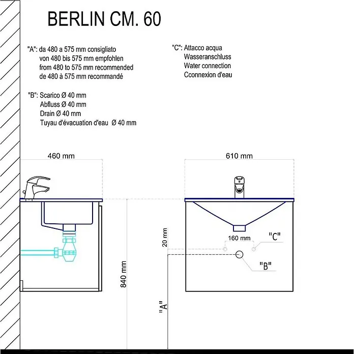 Kiamami Valentina Badmöbel-Set - Weiß - Technisches Datenblatt für ein Waschbecken BERLIN CM. 60 mit Maßen, Abfluss (B) und Wasseranschluss (C).