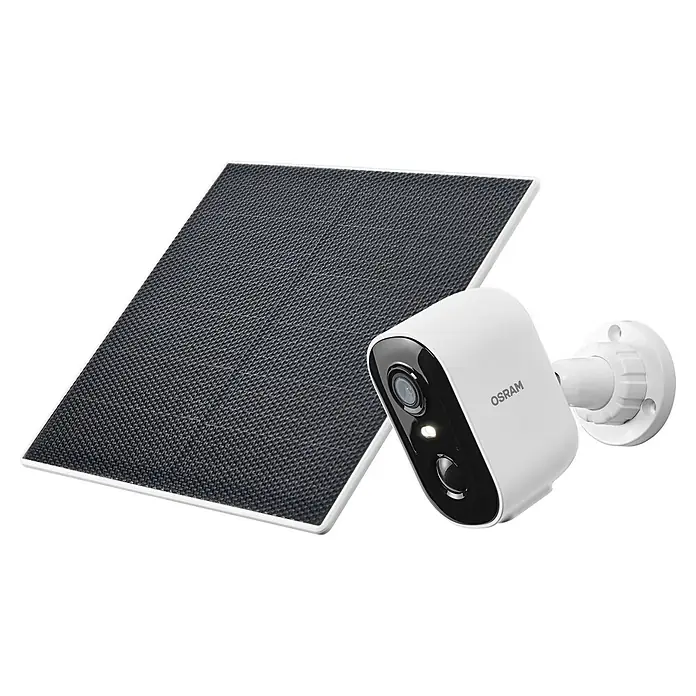 Osram Smart+ Überwachungskamera Battery Solar - Weiß - Weiße Überwachungskamera mit dunkelgrauem Solarpanel.