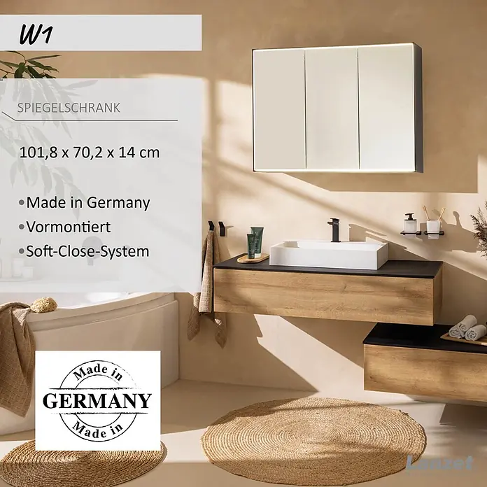 Lanzet Dune LED-Spiegelschrank - B x H: 101,8 x 70,2 cm, Holz, Schwarz - Weißer Spiegelschrank mit integrierter Beleuchtung über einem Holzwaschtisch mit Waschbecken.