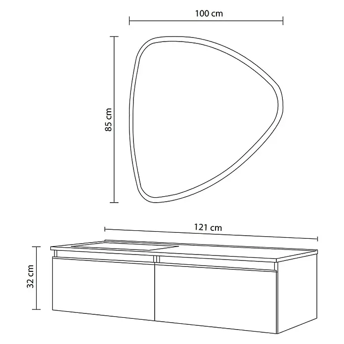 Kiamami Valentina Badmöbel-Set - Grau - Organischer Spiegel (100x85 cm) und wandhängender Badunterschrank (121x32 cm) mit integriertem Waschbecken.