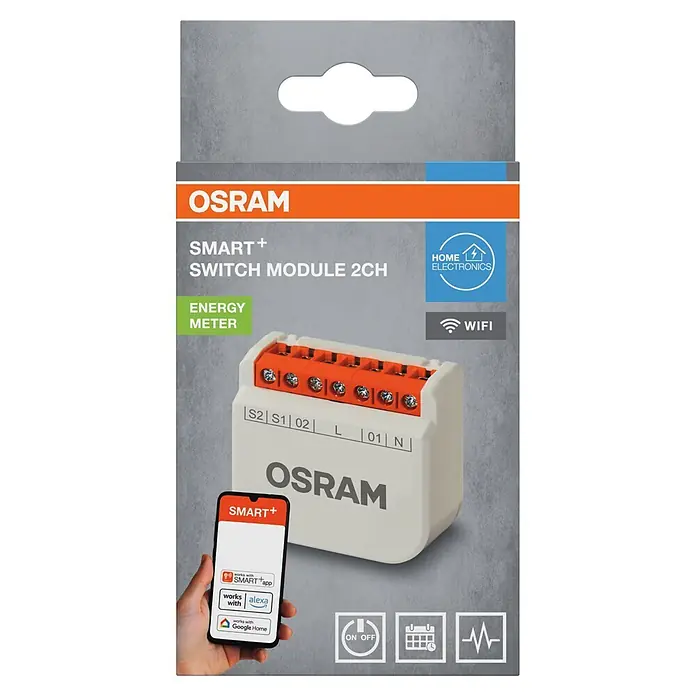 Osram Smart+ Schalter 2CH - Weiß, Innen - Weißes OSRAM SMART+ 2-Kanal-Schaltmodul mit orangefarbenen Klemmen. Mit Energiemessung, WLAN und Smartphone-App-Steuerung.