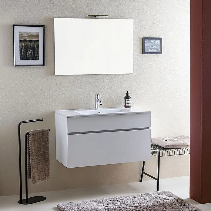Kiamami Valentina Badmöbel-Set - Weiß - Helles graues schwebendes Badmöbel mit integriertem weißen Waschbecken und zwei Schubladen, modernes minimalistisches Design.