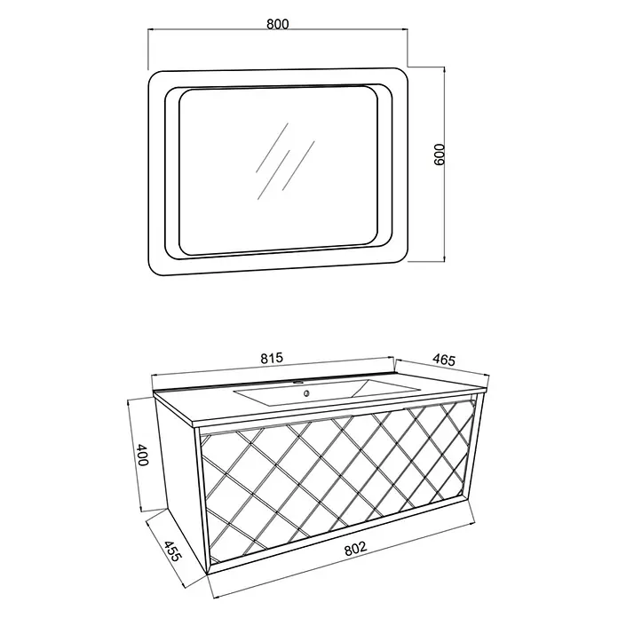 Kiamami Valentina Badmöbel-Set - Grau - Technische Zeichnung Badspiegel (800x600mm) und Waschtischunterschrank mit Waschbecken (815x465x400mm) und Gitterfront.